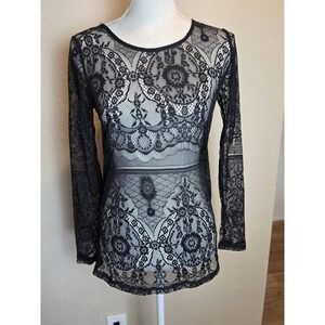 Hem And Thread Size Small Black Lace Sheer Top Long Sleeve